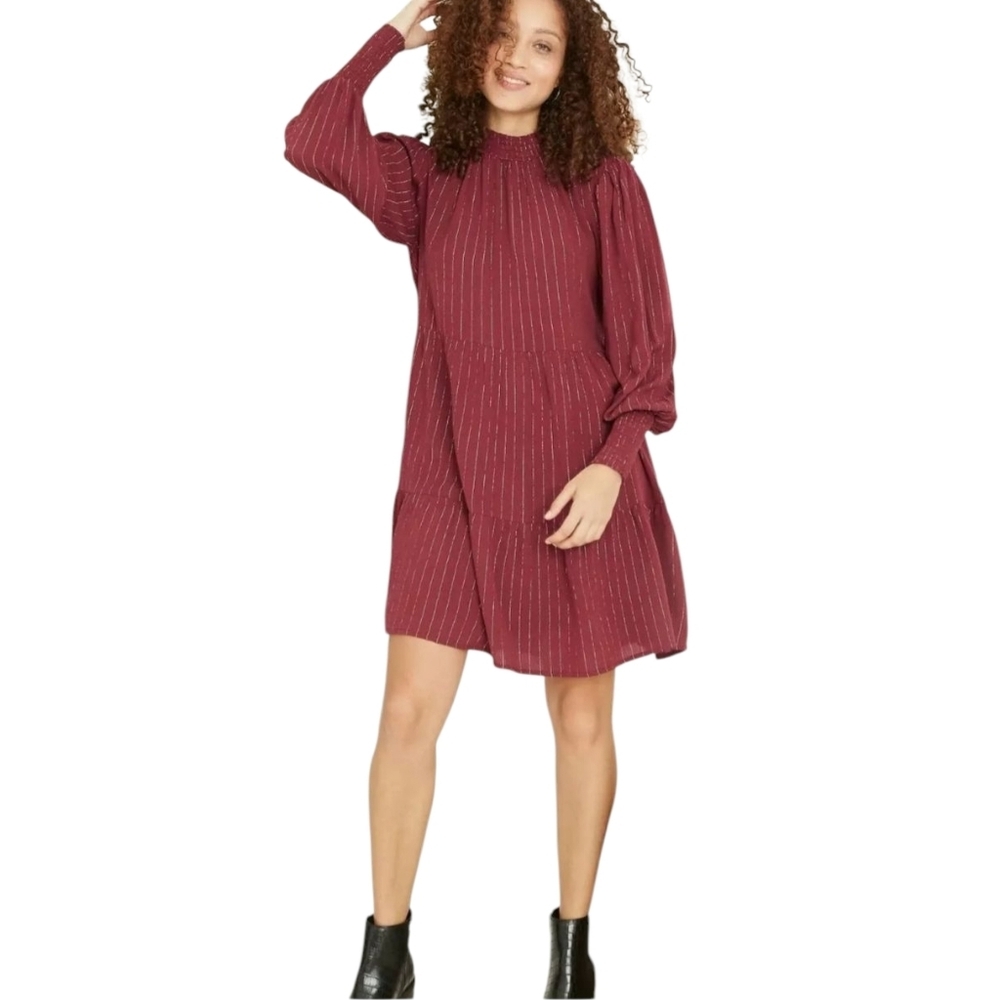 Knox Rose Tiered Shift Dress RELAXED Small Bishop Sleeve Smocked Cuffs High Neck